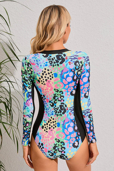 Blue Patchwork Zipper Long Sleeve One-Piece